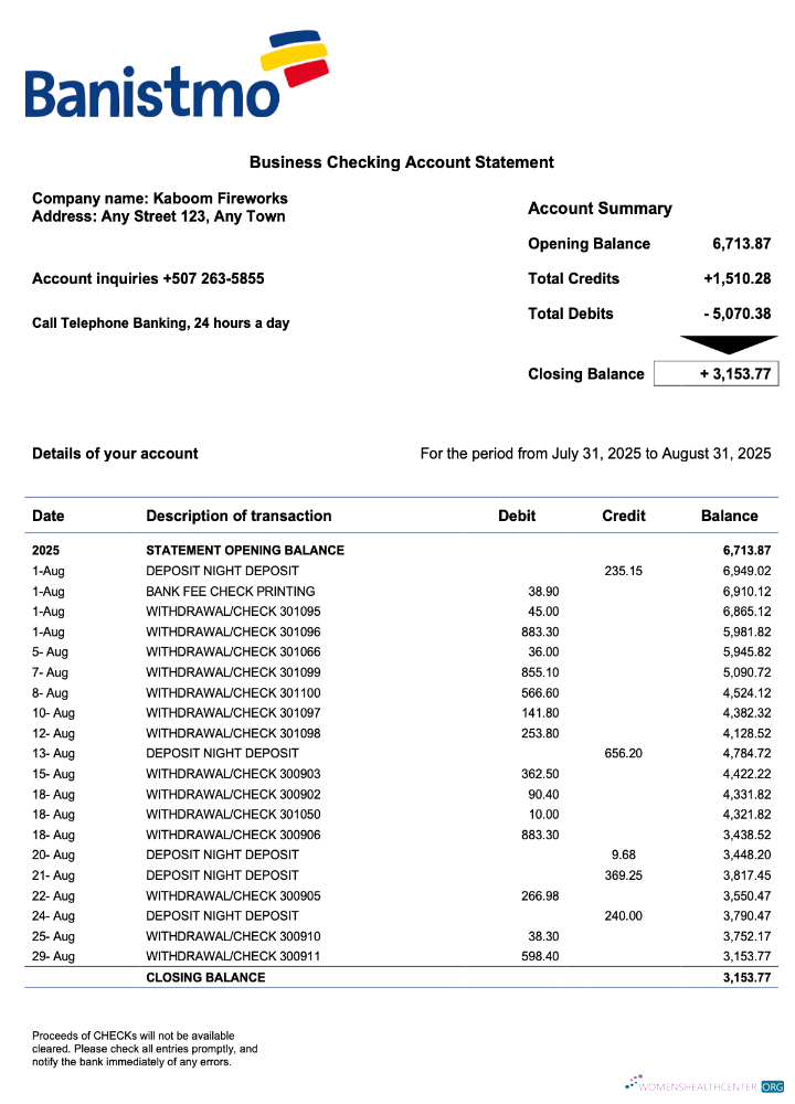 Download Panama Banistmo bank company checking account statement Word and PDF template Photoshop template